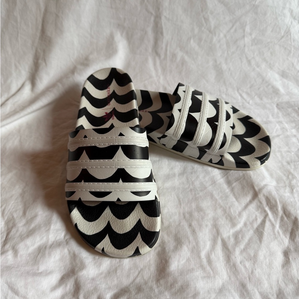 Adidas Black and White Wave Slides